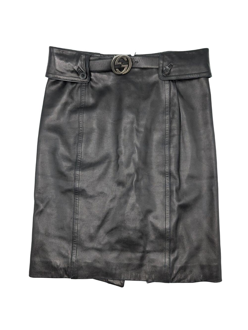 Gucci Tom Ford Runway Vintage Black Leather GG Belt Pencil Skirt Size 38